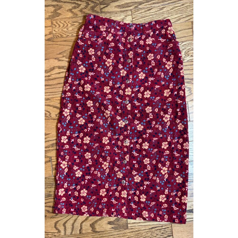 Vintage Floral Corduroy Button Front Slit Pockets 90's Boho Size 10 Maxi Skirt